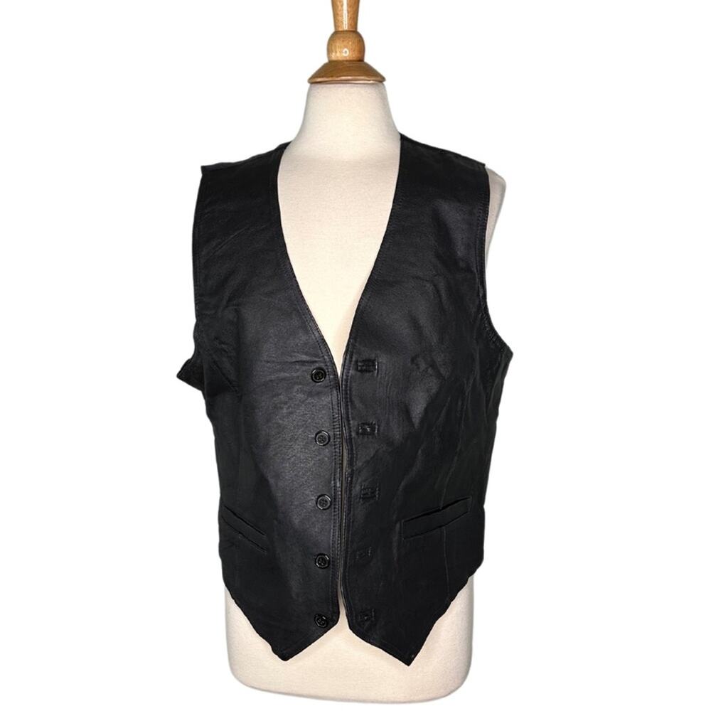 Wilsons The Leather Experts 100% Leather Motorcycle Vest Black Button Up Front